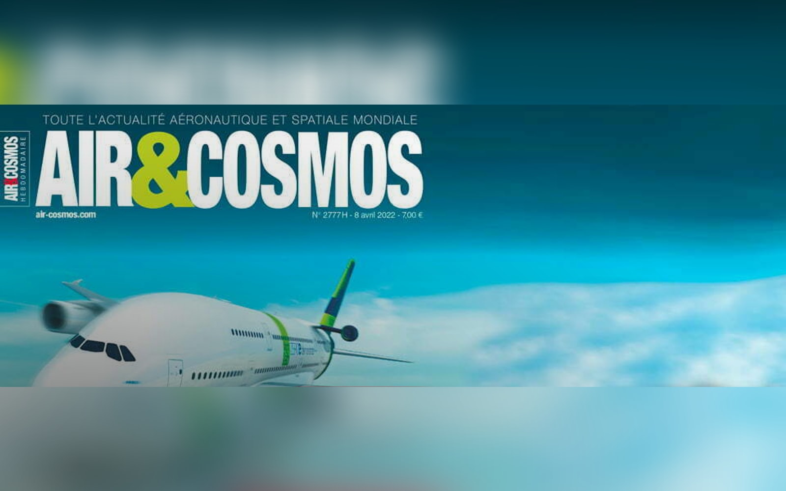 Bandeau du magazine Air & Cosmos - hebdomadaire d'actualité aéronautique et spatiale, numéro d'avril 2022 avec un Airbus A380 en vol