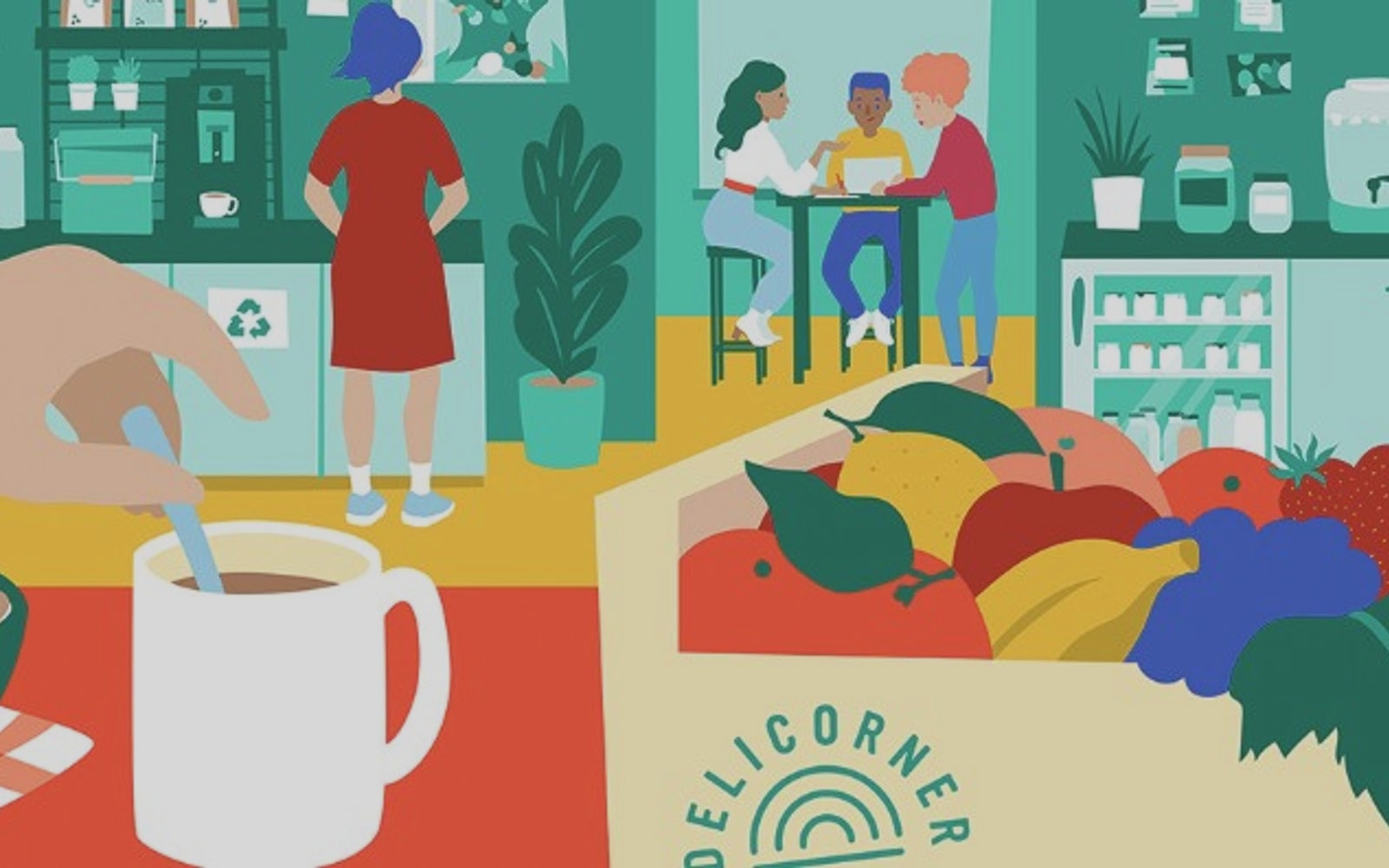 Illustration d'un corner gourmand au bureau - fruits frais, pause café et équipes en entreprise