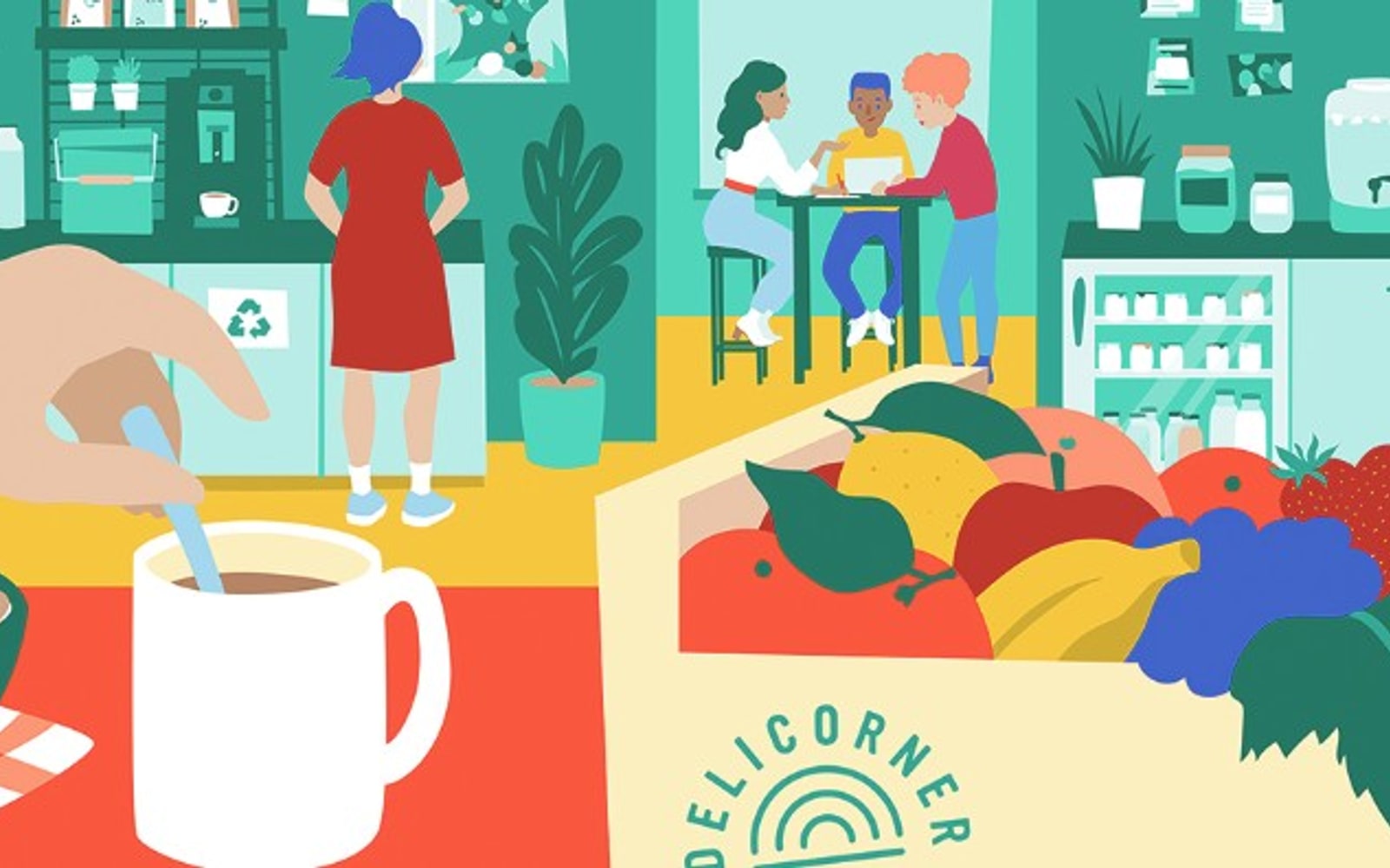 Illustration d'un corner gourmand au bureau - fruits frais, pause café et équipes en entreprise