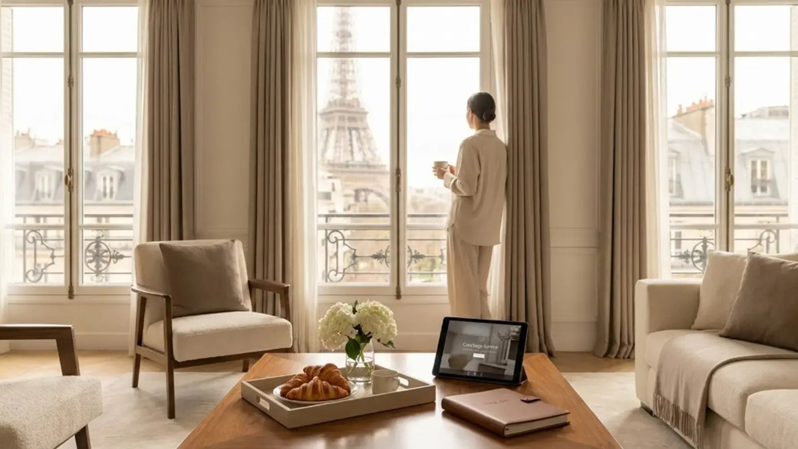 Appartement parisien Welkeys avec vue sur la tour Eiffel et tablette de conciergerie posée sur table basse